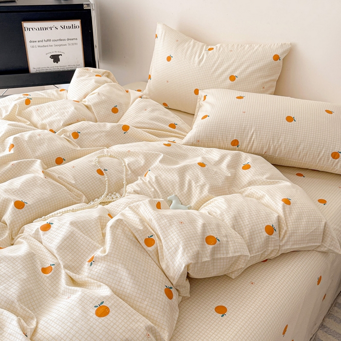 耀悦家纺 2025新款简约无印风条纹格子纯棉四件套被套床单枕套床笠宿舍学生套件 小柑橘
