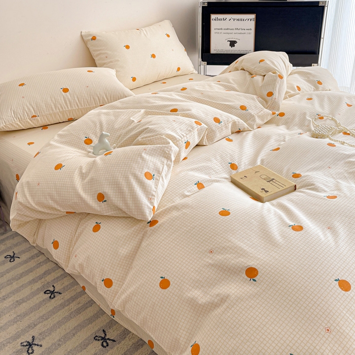 91家纺网 家纺一手货源 找家纺 耀悦家纺 2025新款简约无印风条纹格子纯棉四件套被套床单枕套床笠宿舍学生套件 小柑橘