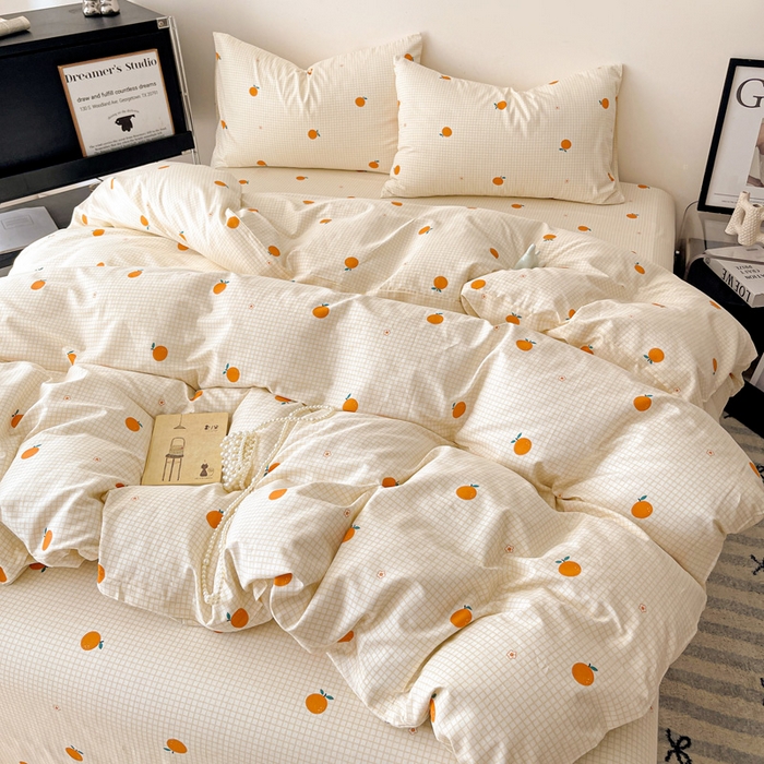 91家纺网 家纺一手货源 找家纺 耀悦家纺 2025新款简约无印风条纹格子纯棉四件套被套床单枕套床笠宿舍学生套件 小柑橘