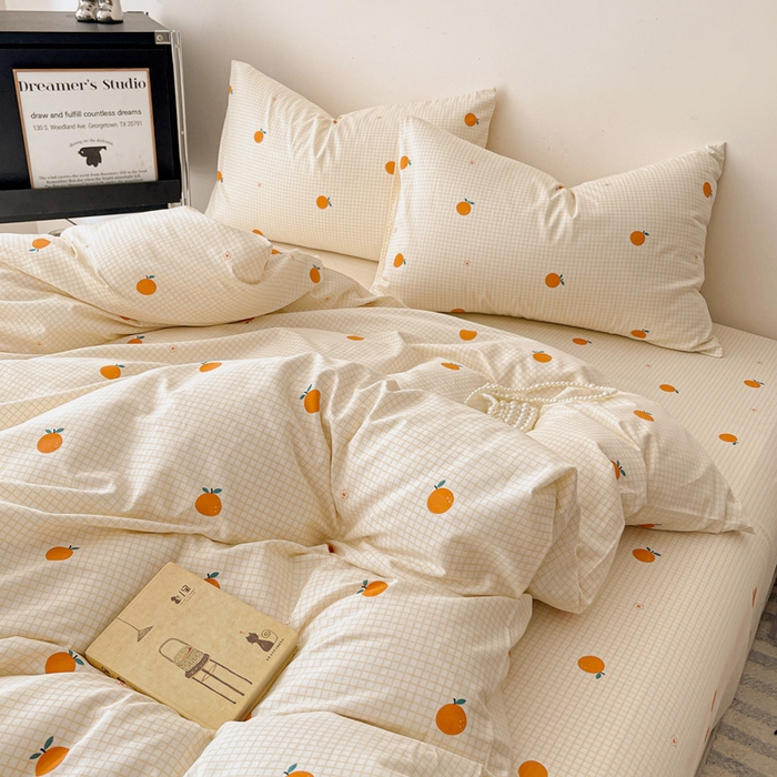 91家纺网 家纺一手货源 找家纺 耀悦家纺 2025新款简约无印风条纹格子纯棉四件套被套床单枕套床笠宿舍学生套件 小柑橘