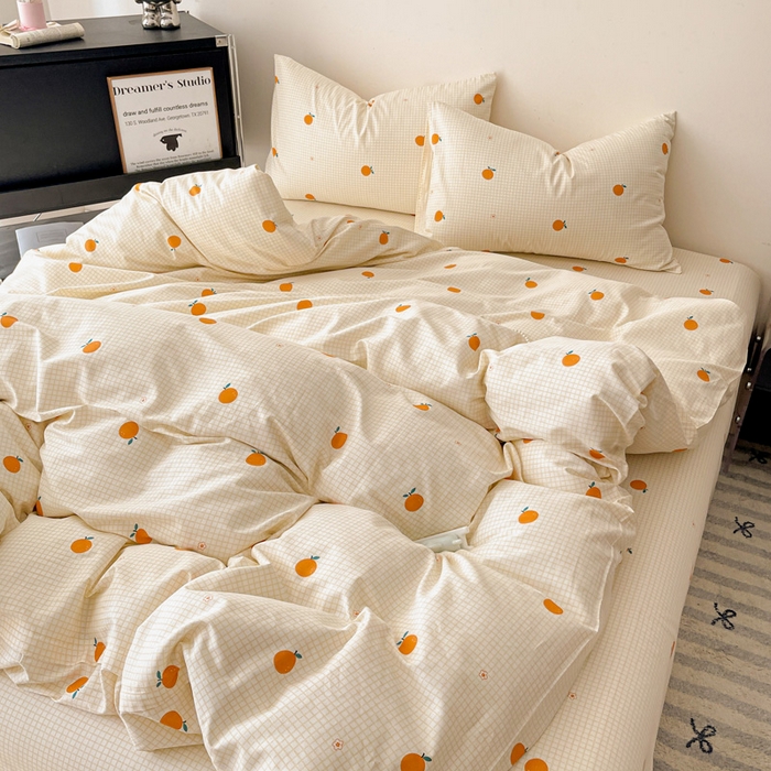 91家纺网 家纺一手货源 找家纺 耀悦家纺 2025新款简约无印风条纹格子纯棉四件套被套床单枕套床笠宿舍学生套件 小柑橘