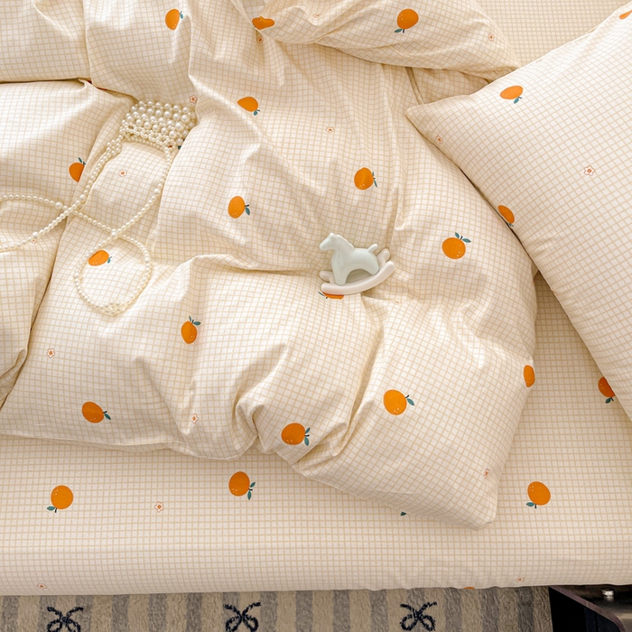 91家纺网 家纺一手货源 找家纺 耀悦家纺 2025新款简约无印风条纹格子纯棉四件套被套床单枕套床笠宿舍学生套件 小柑橘