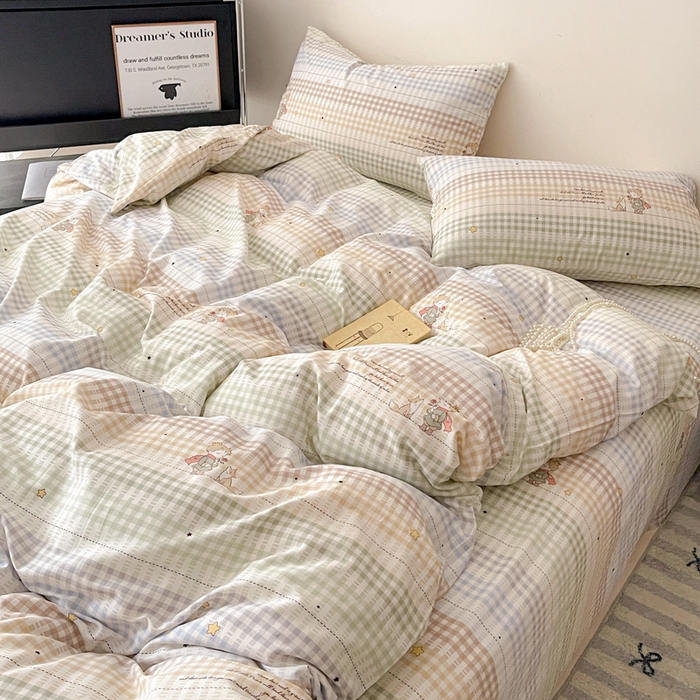 耀悦家纺 2025新款简约无印风条纹格子纯棉四件套被套床单枕套床笠宿舍学生套件 小骑士