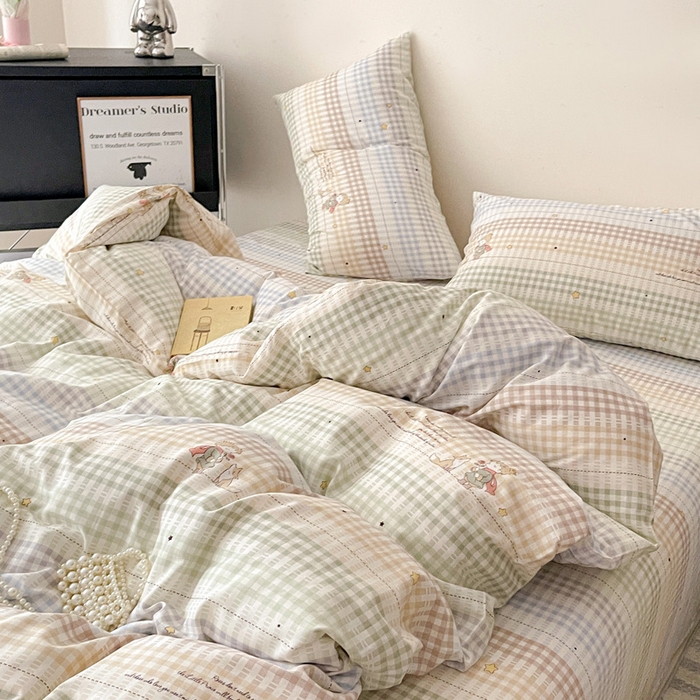 91家纺网 家纺一手货源 找家纺 耀悦家纺 2025新款简约无印风条纹格子纯棉四件套被套床单枕套床笠宿舍学生套件 小骑士