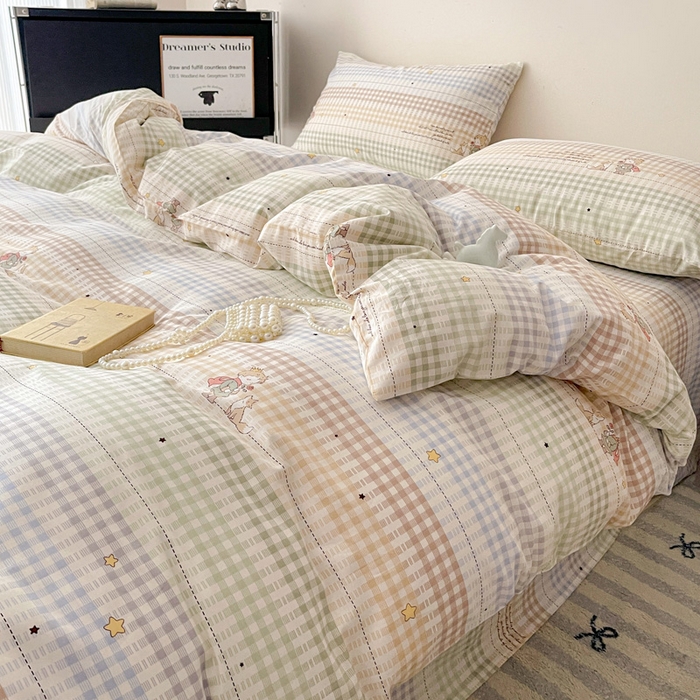 91家纺网 家纺一手货源 找家纺 耀悦家纺 2025新款简约无印风条纹格子纯棉四件套被套床单枕套床笠宿舍学生套件 小骑士