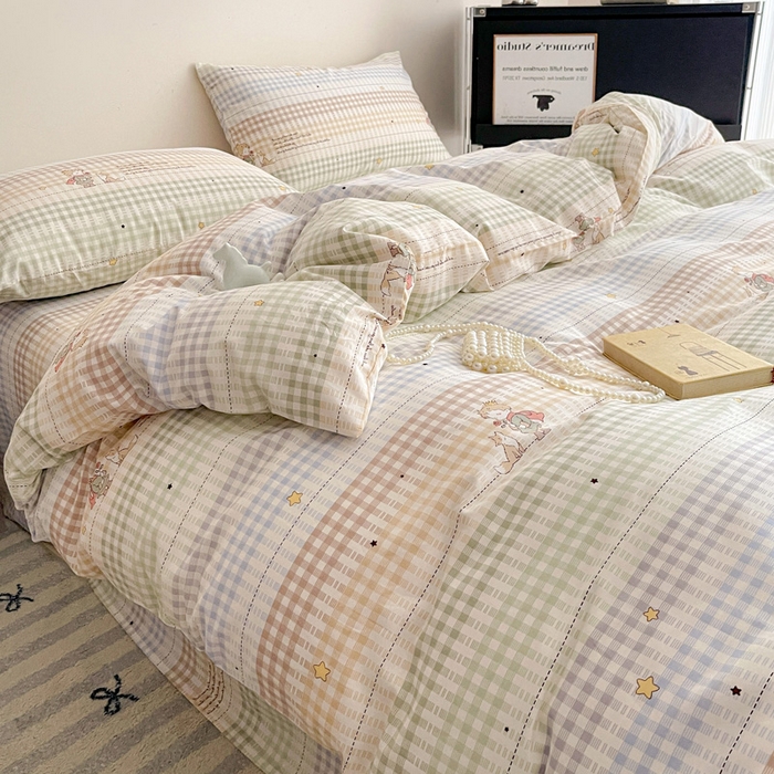 91家纺网 家纺一手货源 找家纺 耀悦家纺 2025新款简约无印风条纹格子纯棉四件套被套床单枕套床笠宿舍学生套件 小骑士