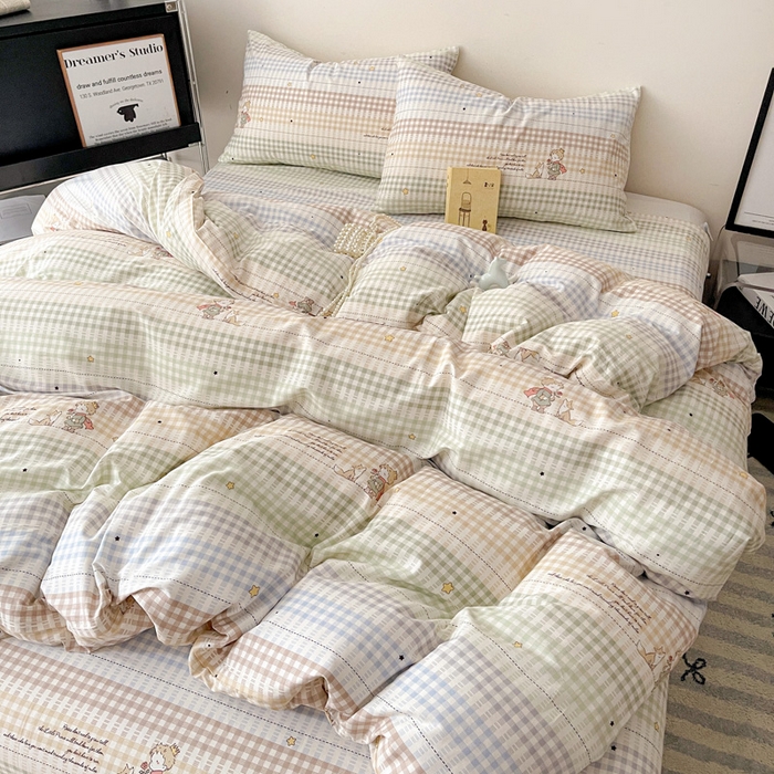 91家纺网 家纺一手货源 找家纺 耀悦家纺 2025新款简约无印风条纹格子纯棉四件套被套床单枕套床笠宿舍学生套件 小骑士