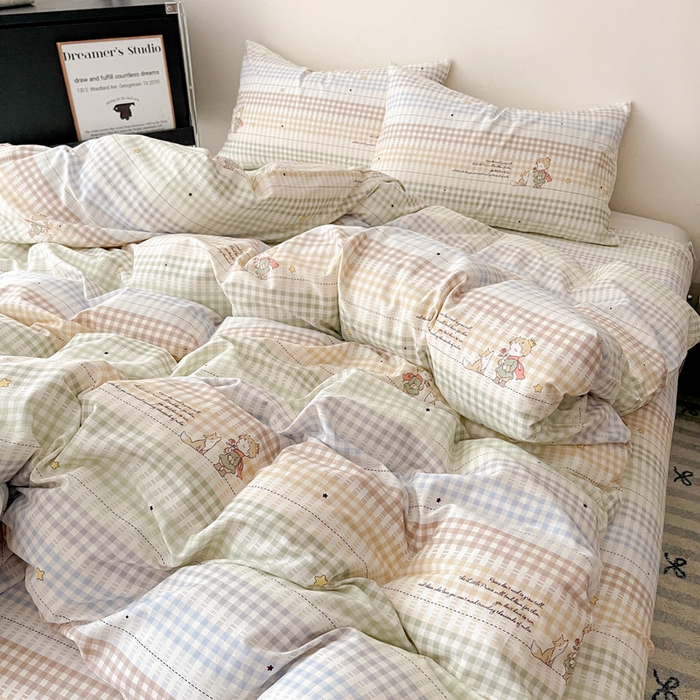 91家纺网 家纺一手货源 找家纺 耀悦家纺 2025新款简约无印风条纹格子纯棉四件套被套床单枕套床笠宿舍学生套件 小骑士