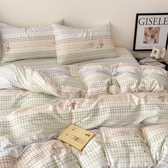 91家纺网 家纺一手货源 找家纺 耀悦家纺 2025新款简约无印风条纹格子纯棉四件套被套床单枕套床笠宿舍学生套件 小骑士