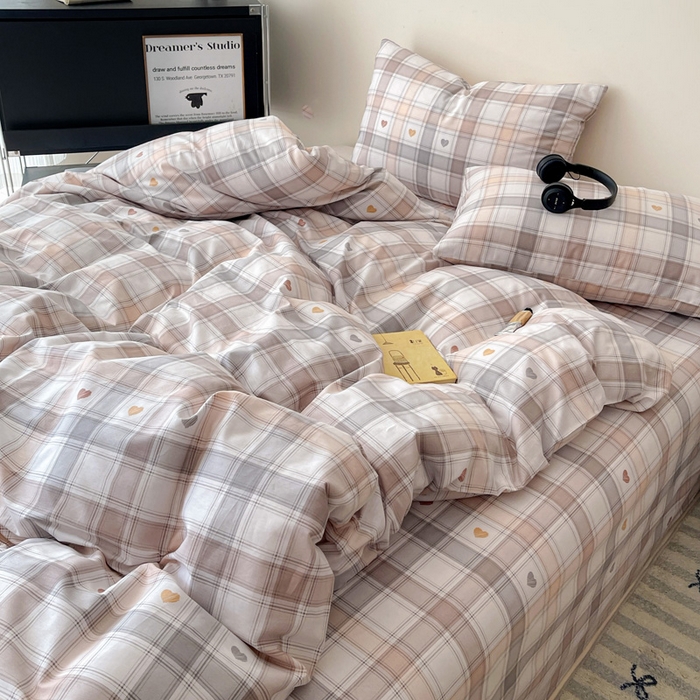 耀悦家纺 2025新款简约无印风条纹格子纯棉四件套被套床单枕套床笠宿舍学生套件 心语格调