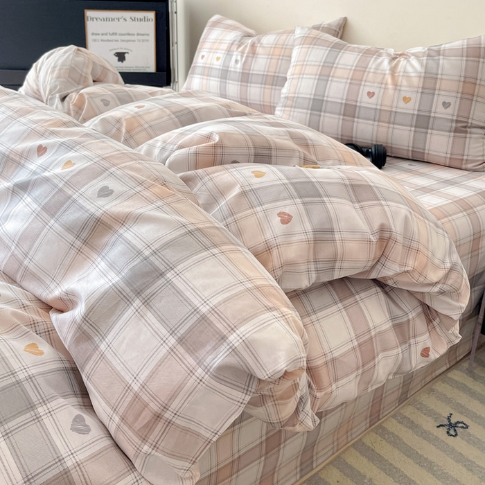 91家纺网 家纺一手货源 找家纺 耀悦家纺 2025新款简约无印风条纹格子纯棉四件套被套床单枕套床笠宿舍学生套件 心语格调