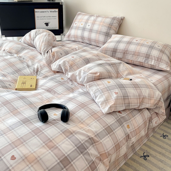 91家纺网 家纺一手货源 找家纺 耀悦家纺 2025新款简约无印风条纹格子纯棉四件套被套床单枕套床笠宿舍学生套件 心语格调