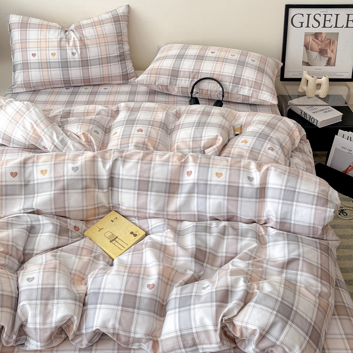 91家纺网 家纺一手货源 找家纺 耀悦家纺 2025新款简约无印风条纹格子纯棉四件套被套床单枕套床笠宿舍学生套件 心语格调