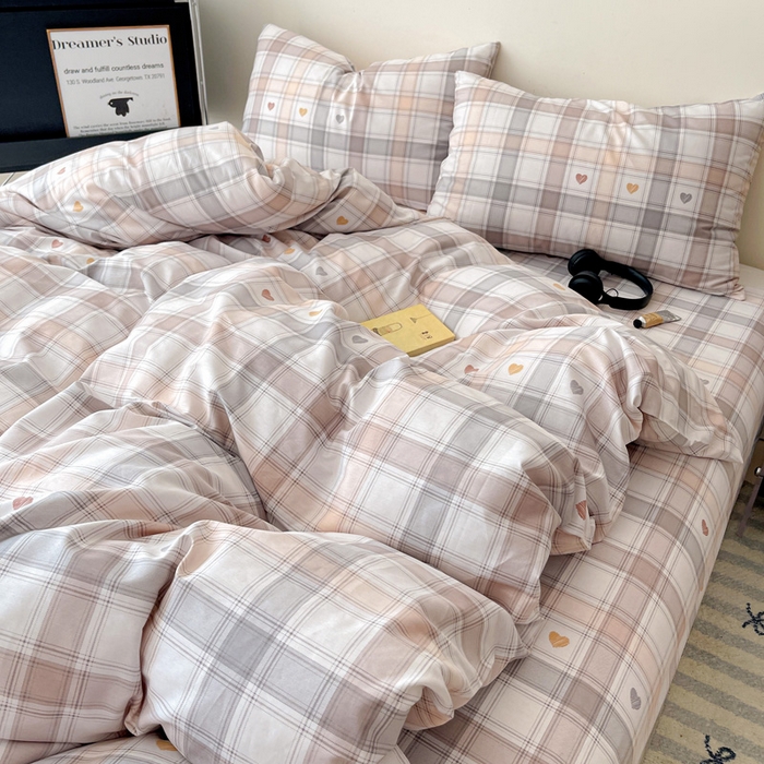 91家纺网 家纺一手货源 找家纺 耀悦家纺 2025新款简约无印风条纹格子纯棉四件套被套床单枕套床笠宿舍学生套件 心语格调