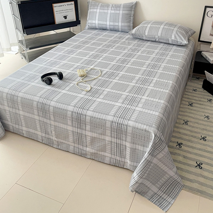 91家纺网 家纺一手货源 找家纺 耀悦家纺 2025新款简约无印风条纹格子纯棉四件套被套床单枕套床笠宿舍学生套件 优雅灰调