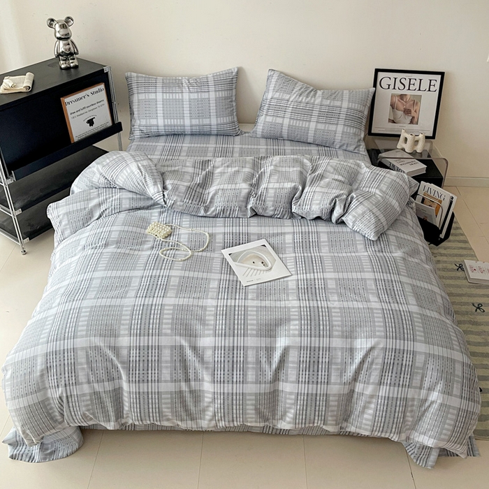 91家纺网 家纺一手货源 找家纺 耀悦家纺 2025新款简约无印风条纹格子纯棉四件套被套床单枕套床笠宿舍学生套件 优雅灰调
