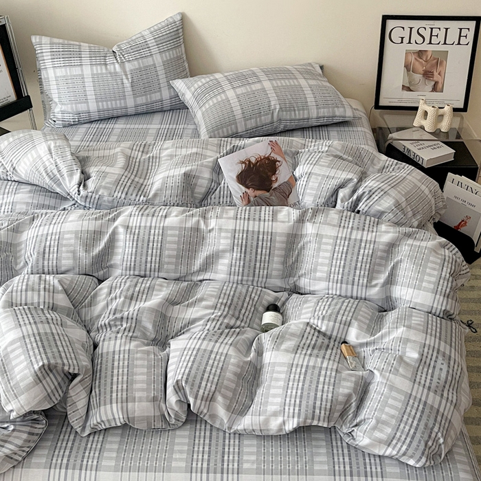 91家纺网 家纺一手货源 找家纺 耀悦家纺 2025新款简约无印风条纹格子纯棉四件套被套床单枕套床笠宿舍学生套件 优雅灰调
