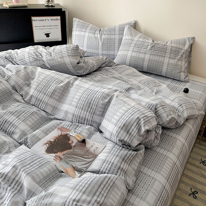 91家纺网 家纺一手货源 找家纺 耀悦家纺 2025新款简约无印风条纹格子纯棉四件套被套床单枕套床笠宿舍学生套件 优雅灰调