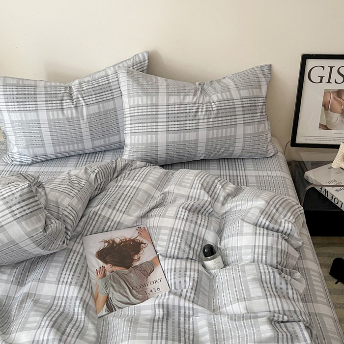 91家纺网 家纺一手货源 找家纺 耀悦家纺 2025新款简约无印风条纹格子纯棉四件套被套床单枕套床笠宿舍学生套件 优雅灰调