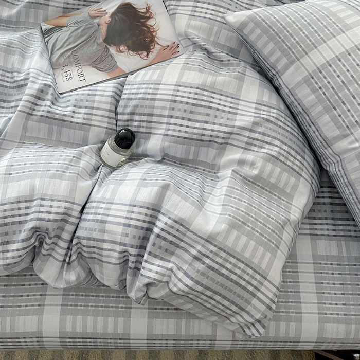 91家纺网 家纺一手货源 找家纺 耀悦家纺 2025新款简约无印风条纹格子纯棉四件套被套床单枕套床笠宿舍学生套件 优雅灰调