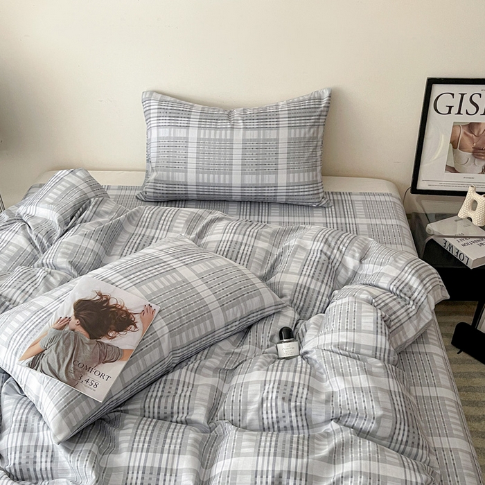 91家纺网 家纺一手货源 找家纺 耀悦家纺 2025新款简约无印风条纹格子纯棉四件套被套床单枕套床笠宿舍学生套件 优雅灰调