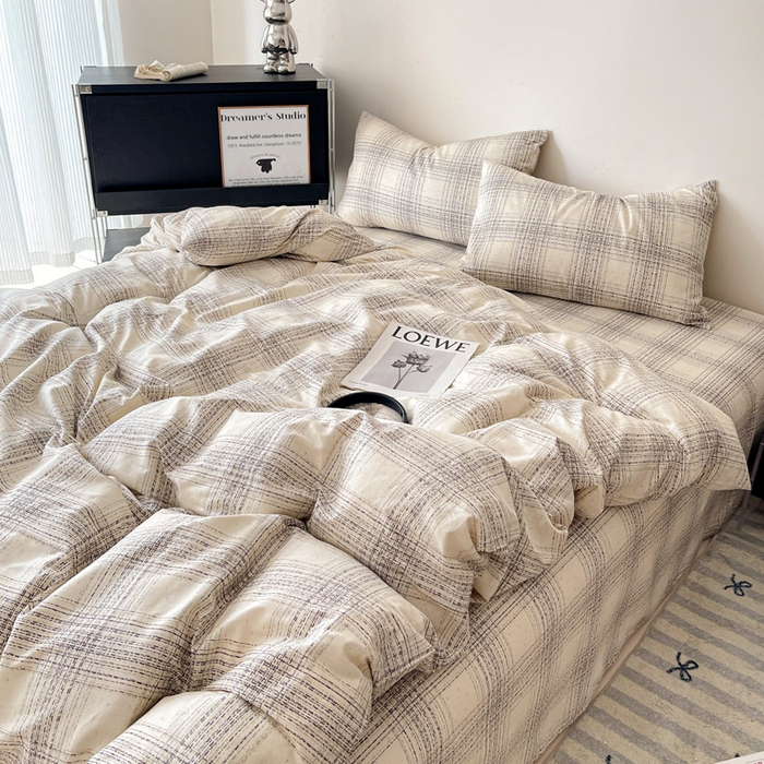 耀悦家纺 2025新款简约无印风条纹格子纯棉四件套被套床单枕套床笠宿舍学生套件 自由派
