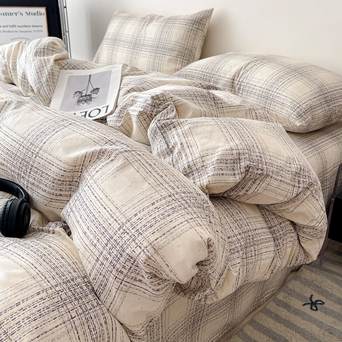 91家纺网 家纺一手货源 找家纺 耀悦家纺 2025新款简约无印风条纹格子纯棉四件套被套床单枕套床笠宿舍学生套件 自由派