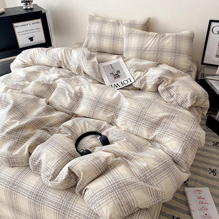 91家纺网 家纺一手货源 找家纺 耀悦家纺 2025新款简约无印风条纹格子纯棉四件套被套床单枕套床笠宿舍学生套件 自由派