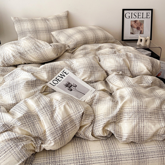 91家纺网 家纺一手货源 找家纺 耀悦家纺 2025新款简约无印风条纹格子纯棉四件套被套床单枕套床笠宿舍学生套件 自由派