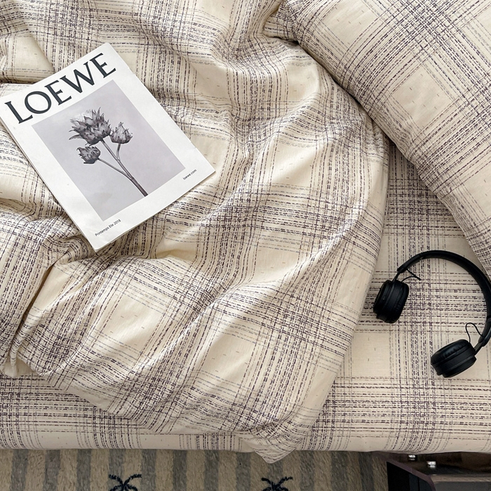 91家纺网 家纺一手货源 找家纺 耀悦家纺 2025新款简约无印风条纹格子纯棉四件套被套床单枕套床笠宿舍学生套件 自由派