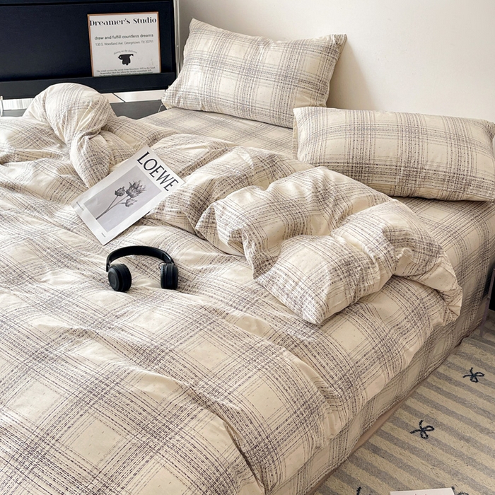 91家纺网 家纺一手货源 找家纺 耀悦家纺 2025新款简约无印风条纹格子纯棉四件套被套床单枕套床笠宿舍学生套件 自由派