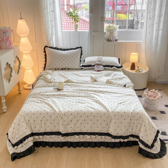 91家纺网 家纺一手货源 找家纺 富之航家纺 2025直播爆款公主风床盖夏被四件套 奶油波点