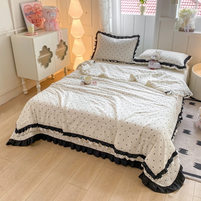 91家纺网 家纺一手货源 找家纺 富之航家纺 2025直播爆款公主风床盖夏被四件套 奶油波点