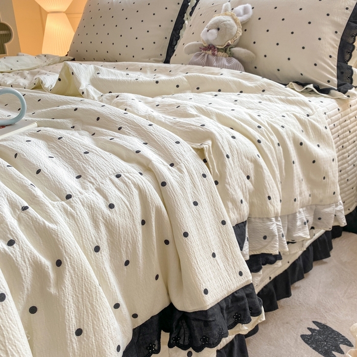 91家纺网 家纺一手货源 找家纺 富之航家纺 2025直播爆款公主风床盖夏被四件套 奶油波点