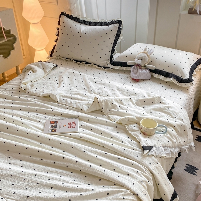 91家纺网 家纺一手货源 找家纺 富之航家纺 2025直播爆款公主风床盖夏被四件套 奶油波点