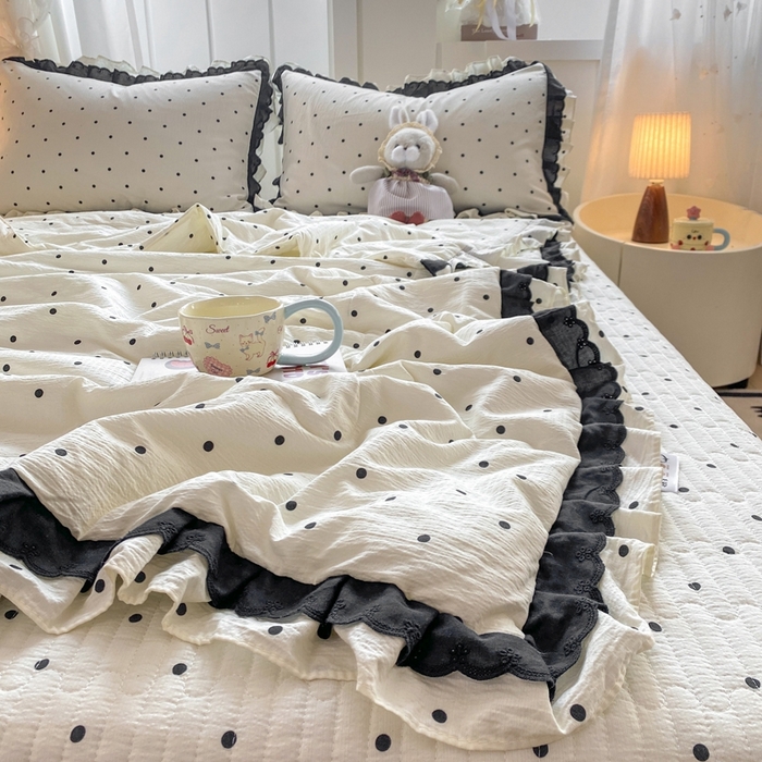 91家纺网 家纺一手货源 找家纺 富之航家纺 2025直播爆款公主风床盖夏被四件套 奶油波点