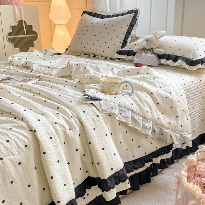 91家纺网 家纺一手货源 找家纺 富之航家纺 2025直播爆款公主风床盖夏被四件套 奶油波点