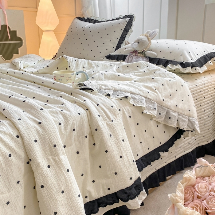 91家纺网 家纺一手货源 找家纺 富之航家纺 2025直播爆款公主风床盖夏被四件套 奶油波点