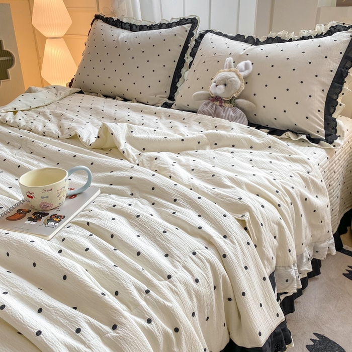 91家纺网 家纺一手货源 找家纺 富之航家纺 2025直播爆款公主风床盖夏被四件套 奶油波点