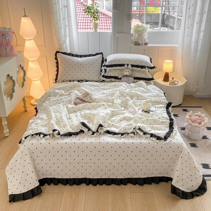 91家纺网 家纺一手货源 找家纺 富之航家纺 2025直播爆款公主风床盖夏被四件套 奶油波点