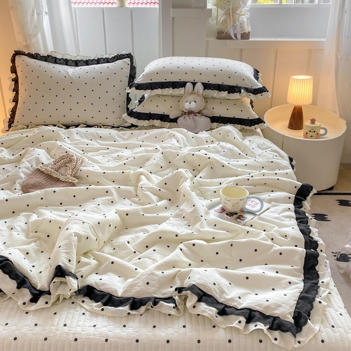 91家纺网 家纺一手货源 找家纺 富之航家纺 2025直播爆款公主风床盖夏被四件套 奶油波点