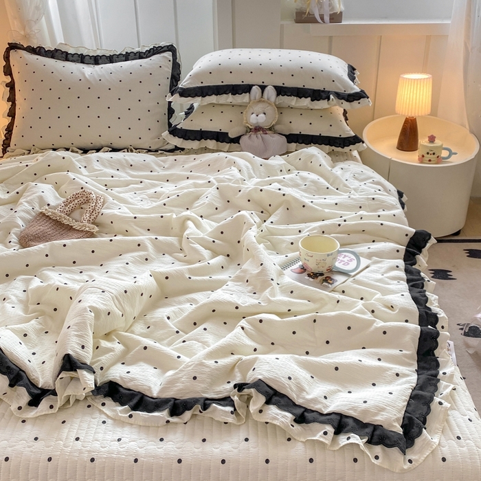 91家纺网 家纺一手货源 找家纺 富之航家纺 2025直播爆款公主风床盖夏被四件套 奶油波点