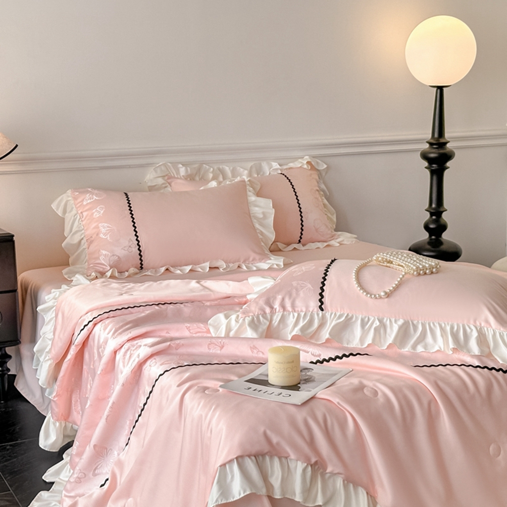 米彩家纺 2025新款A类水洗真丝亮光浮雕洛丽塔夏被夏凉被空调被四件套 粉玉