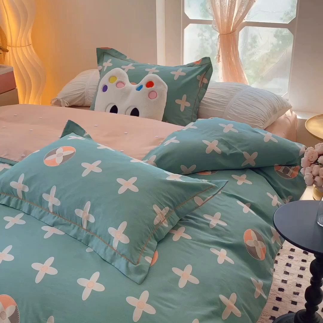 91家纺网 家纺一手货源 找家纺 莱豫家纺 2025新款亲肤舒适小清新印花全棉纯棉四件套-第二批 巴黎世家绿