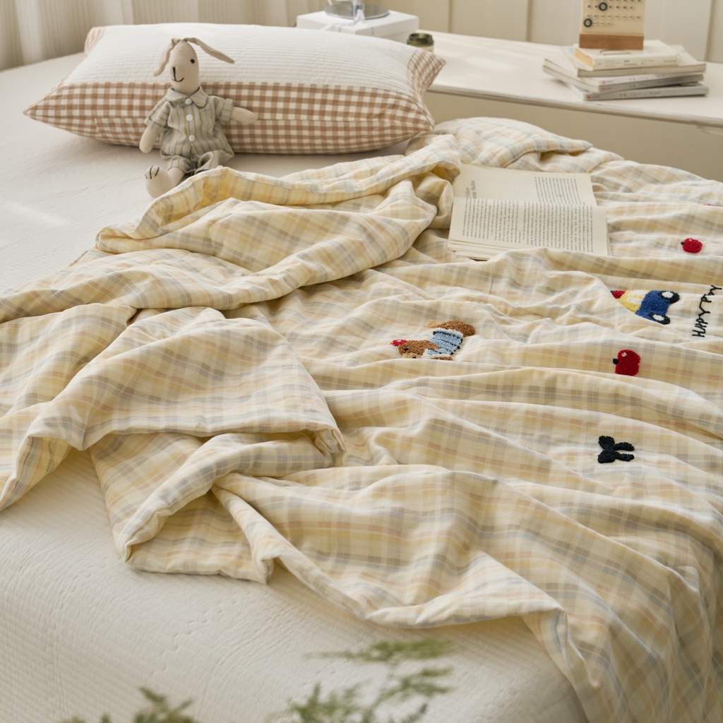 91家纺网 家纺一手货源 找家纺 洋铭区（原狠狠爱） 2025新款双层纱毛巾绣夏被夏凉被空调被 汽车小狗