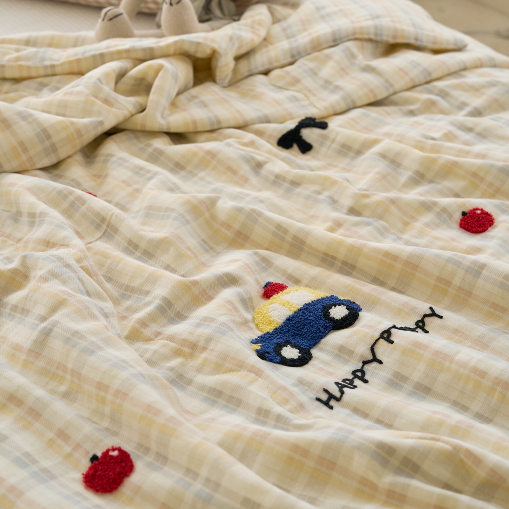 91家纺网 家纺一手货源 找家纺 洋铭区（原狠狠爱） 2025新款双层纱毛巾绣夏被夏凉被空调被 汽车小狗