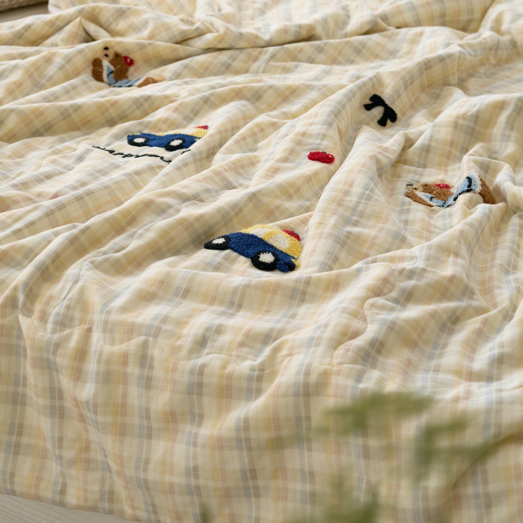 91家纺网 家纺一手货源 找家纺 洋铭区（原狠狠爱） 2025新款双层纱毛巾绣夏被夏凉被空调被 汽车小狗