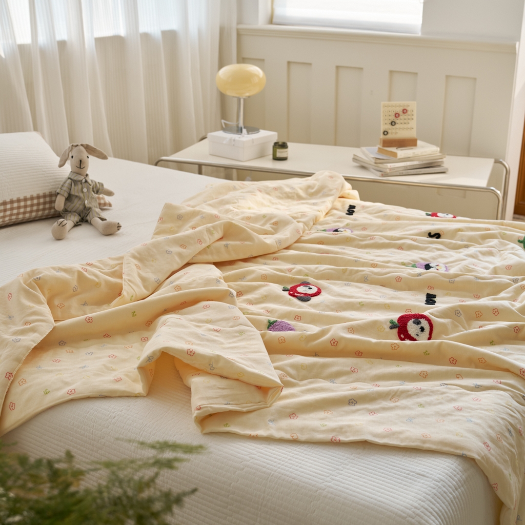 91家纺网 家纺一手货源 找家纺 洋铭区（原狠狠爱） 2025新款双层纱毛巾绣夏被夏凉被空调被 水果乐园