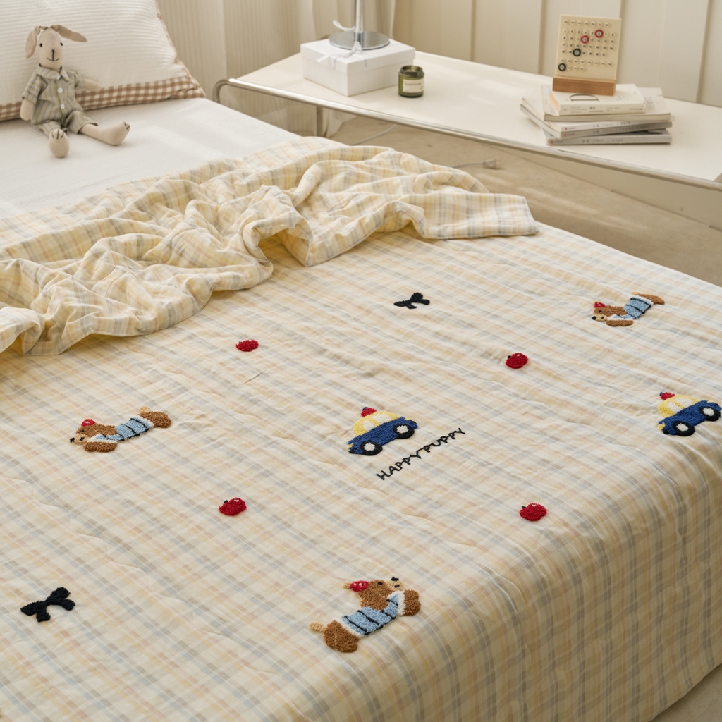 91家纺网 家纺一手货源 找家纺 洋铭区（原狠狠爱） 2025新款双层纱毛巾绣夏被夏凉被空调被 汽车小狗