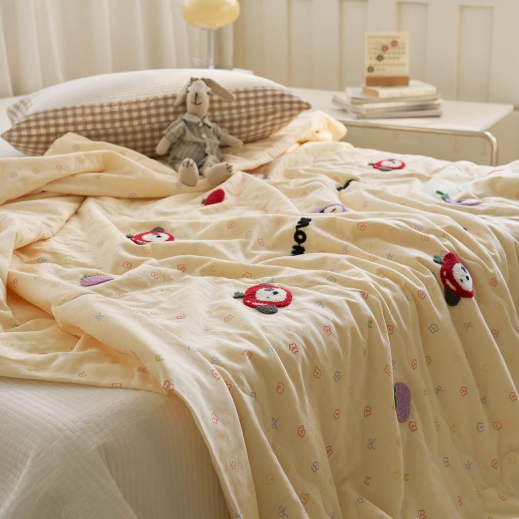 91家纺网 家纺一手货源 找家纺 洋铭区（原狠狠爱） 2025新款双层纱毛巾绣夏被夏凉被空调被 水果乐园